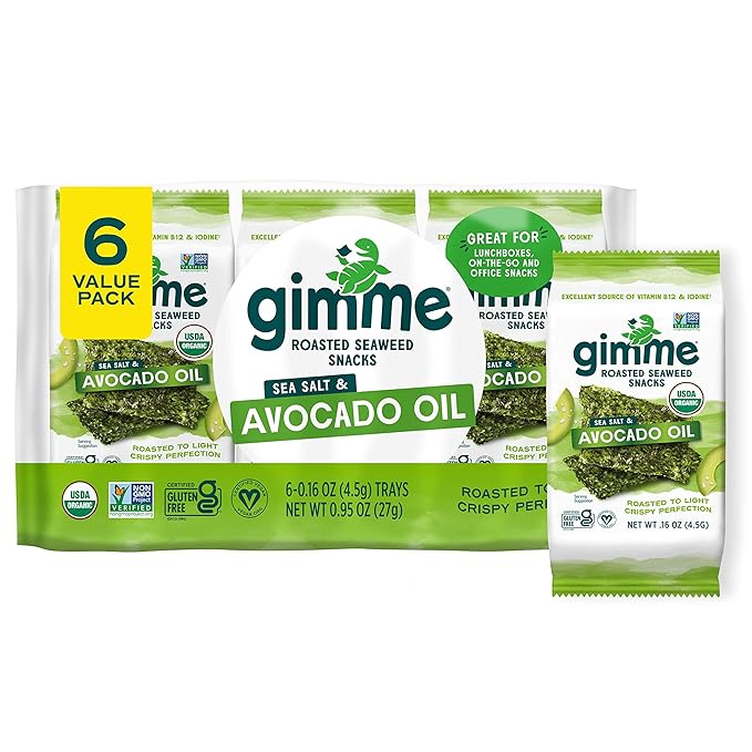 Gimme Seaweed Organic Premium Roasted Seaweed Snacks, Sea Salt & Avocado Oil, 6 Count, Keto, Vegan
