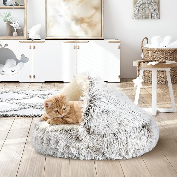 Calming Cat Beds, Fluffy Plush Round Cat Cave Washable, Cozy Warming Anti-Slip Small Dog Bed for