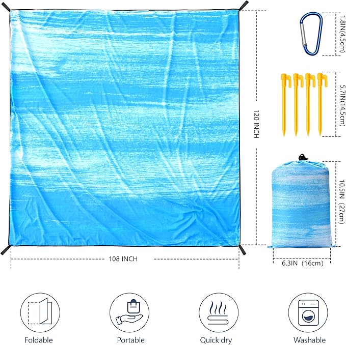 Beach Blanket Waterproof Sandproof Beach Mat 79" X 83"/10'x9'for 2-8 Adults Quick Drying Outdoor