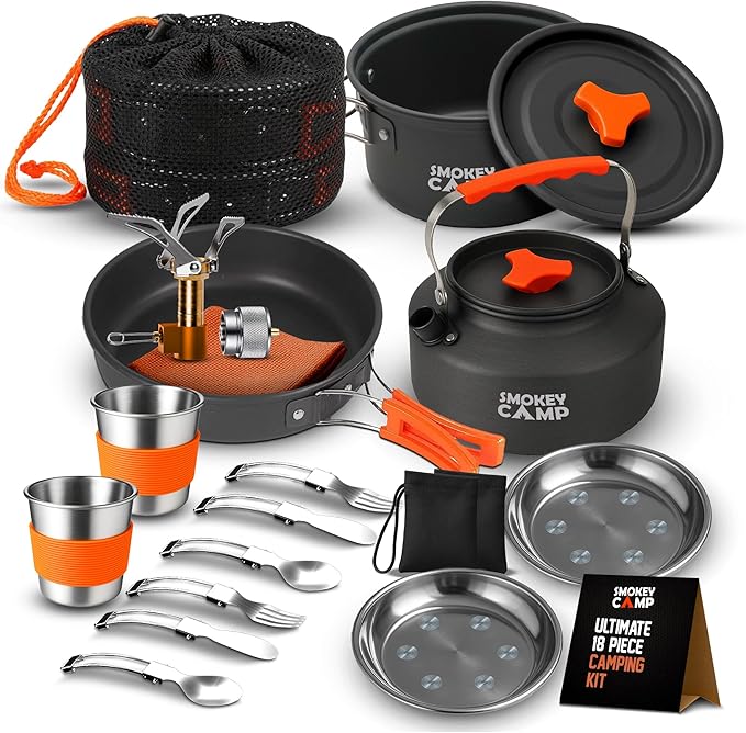 Camping Cookware Mess Kit Set with Stove - Backpacking Camping Pots and Pans Set, All in One