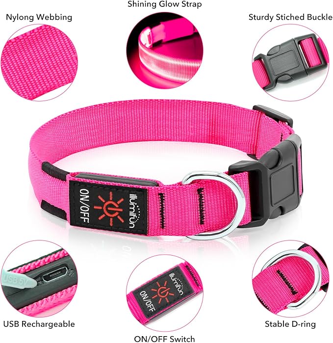 Illumifun LED Dog Collar, USB Rechargeable Light Up Dog Collars, Waterproof Adjustable Safety