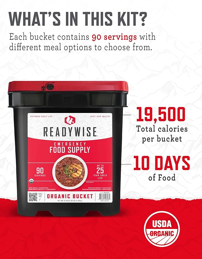 ReadyWise Emergency Food Supply - 90 Servings Organic Bucket, Protein Meals, Dehydrated & Freeze