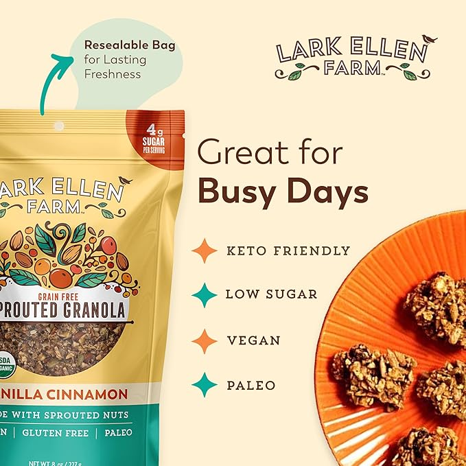 Lark Ellen Farm Vanilla Cinnamon Granola Clusters, Gluten Free, Vegan, Certified Organic, Low Sugar