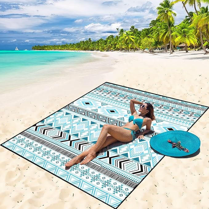 Beach Blanket Waterproof Sandproof Beach Mat 79" X 83"/10'x9'for 2-8 Adults Quick Drying Outdoor