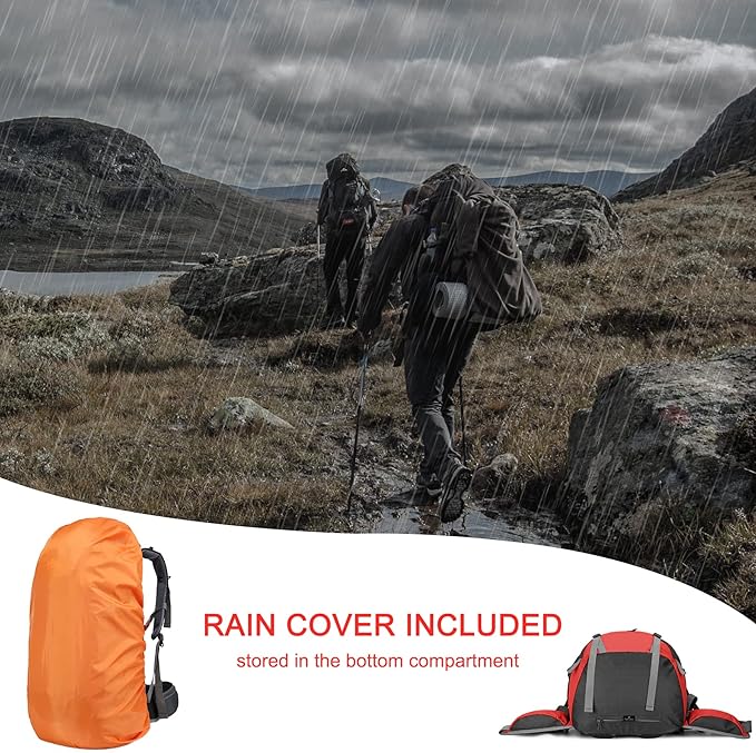 Loowoko 50L Hiking Backpack, Waterproof Camping Essentials Bag with Rain Cover, 45+5 Liter