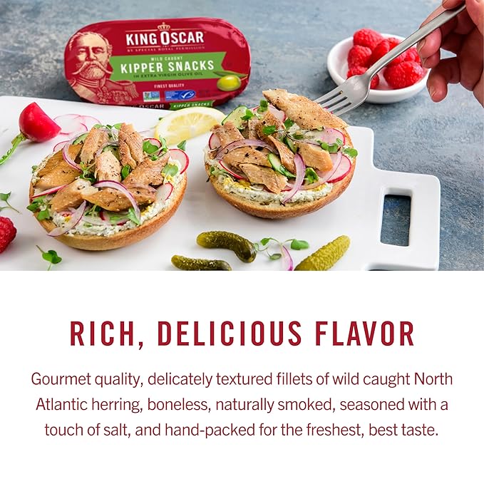 King Oscar Kipper Snacks in Extra Virgin Olive Oil, 3.54 Ounce Cans (Pack of 12), Lightly Smoked