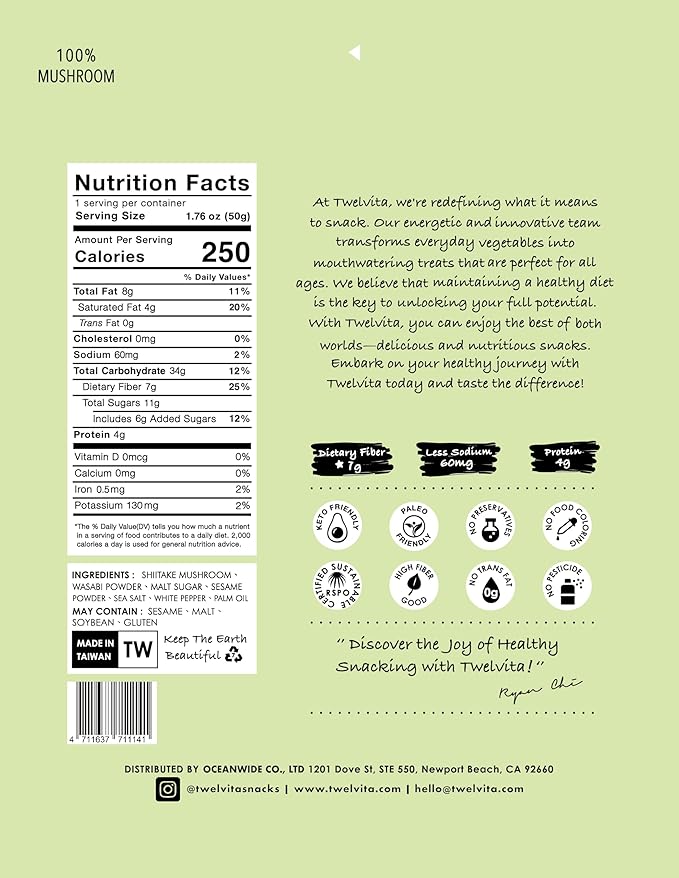 TwelVita Natural Baked Wasabi Shiitake Mushroom Crisps, Vegan Snacks, Clean Label, Non-GMO