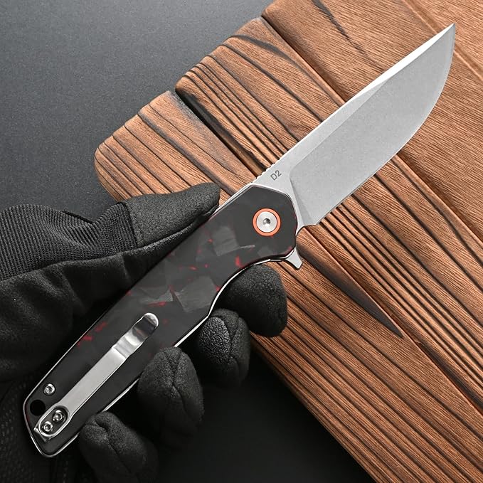 FF19 Folding Pocket Knife，D2 Steel Blade Carbon Fiber Handle EDC Tool Knife for Outdoor Camping