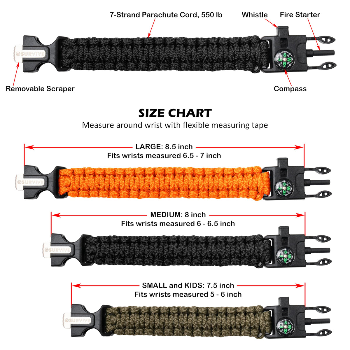 SURVIVE Paracord Bracelet - 9 ft, Medium - product view 2
