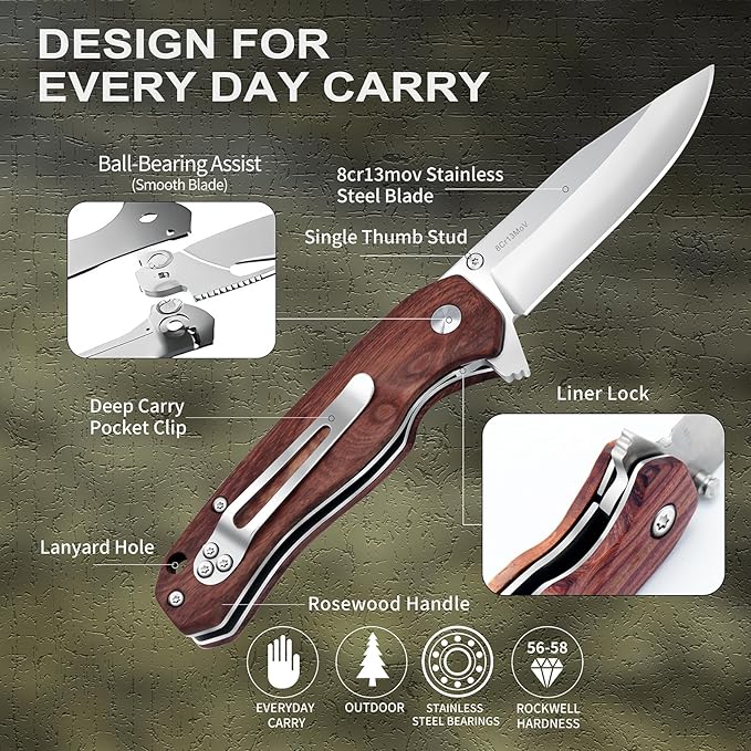 Vickay Pocket Knife for Men, Folding Knife for Women with Clip, 2.9inch 8Cr13MoV Steel Blade, Wood