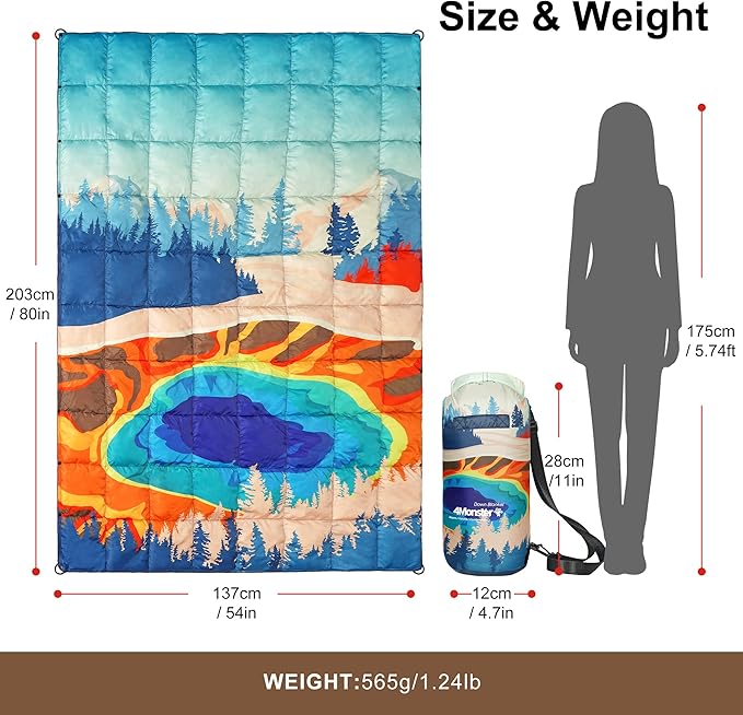 4Monster Down Camping Blanket - Outdoor Travel Quilt Puffy 650 Fill, Packable, Lightweight,Wind &