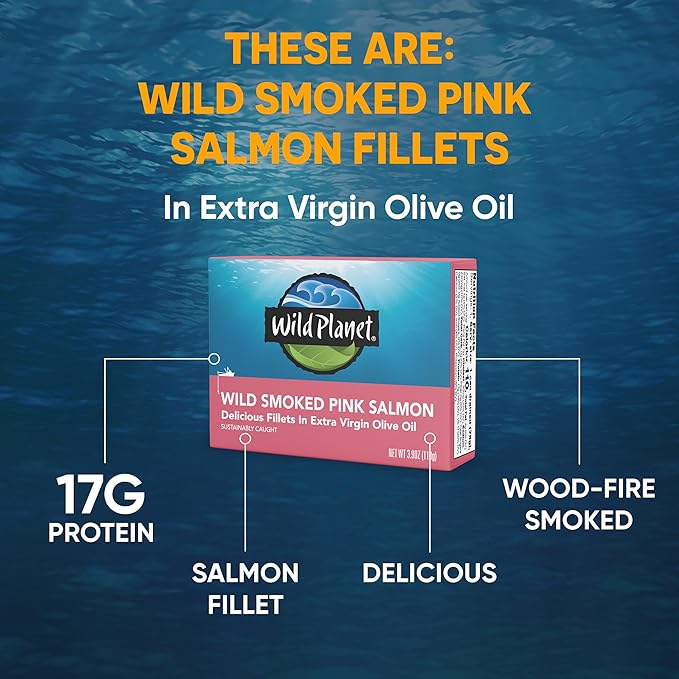 Wild Planet Wild Smoked Pink Salmon Fillets in Extra Virgin Olive Oil, Tinned Fish, Canned Salmon