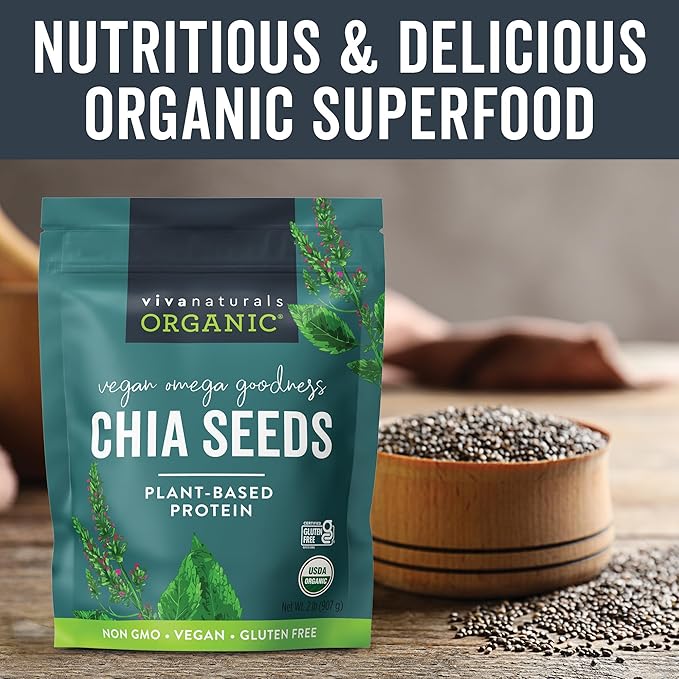 Viva Naturals Organic Chia Seeds, 2 lb (907 g) – Plant-Based Omega-3 and Vegan Protein, Gluten Free