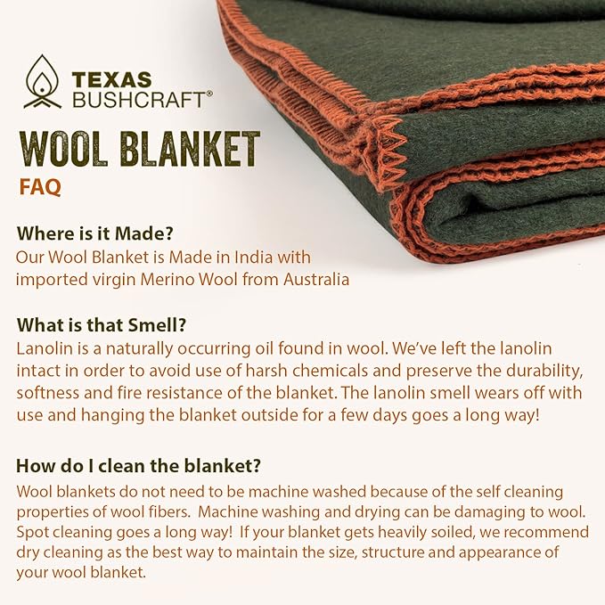 Texas Bushcraft Merino Wool Blanket for Camping Hiking and Backpacking – Water Fire Resistant Camp