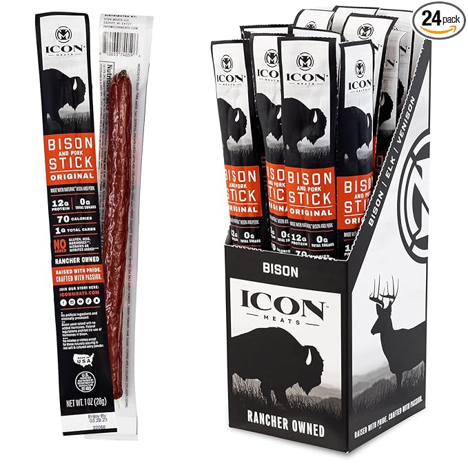 ICON Meats Bison and Pork Snack Sticks - Original Flavor - 24 Pack of Individually Wrapped Jerky