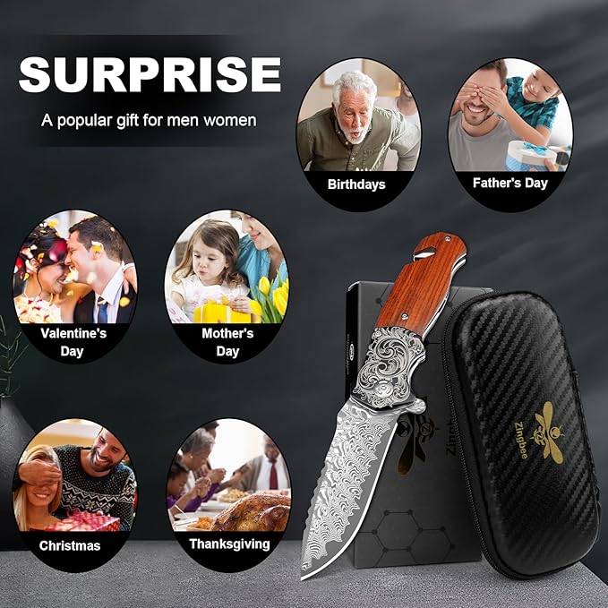 Pocket Knife with Glass Breaker, EDC Damascus Folding Knife with Seatbelt Cutter, 3.35" VG10