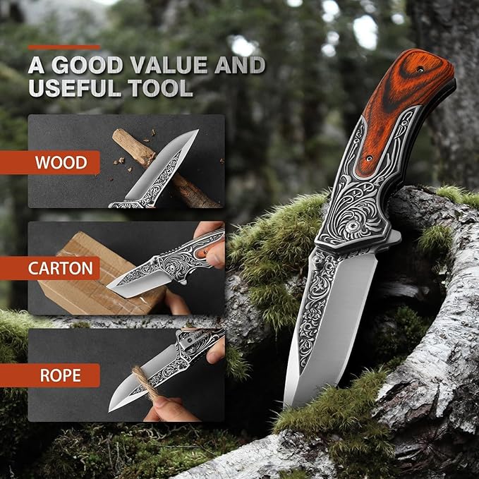 Pocket Knife for Men, 8.7" Folding Knife, 440 Stainless Steel Blade, 0.19lb, Wood Handle with 3D