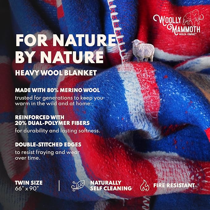 Woolly Mammoth Woolen Company Camping Blanket - 66 x 90 in, Red/White & Blue Plaid - Merino