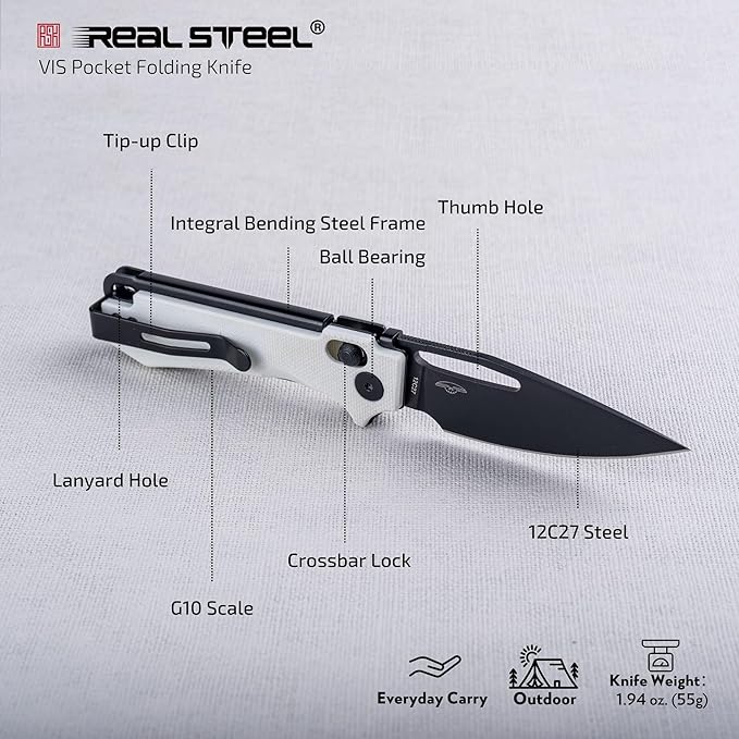 REALSTEEL VIS Pocket Knife, Folding Knife, Crossbar Lock, 2.72" Small 12C27 Steel PVD Black Blade