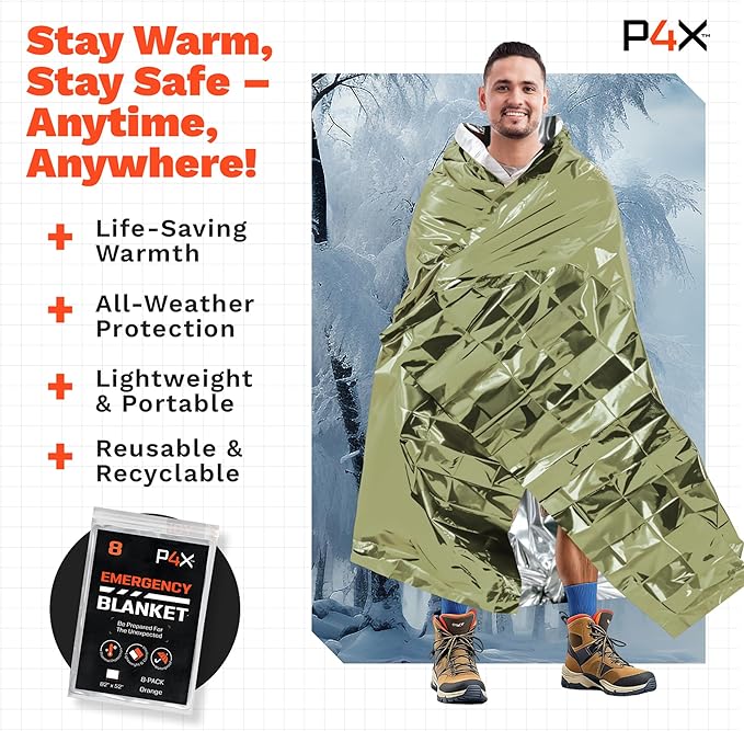 PREPARED4X Mylar Blankets 8 Pack - Waterproof Emergency Blanket - Rip and Tear Resistant