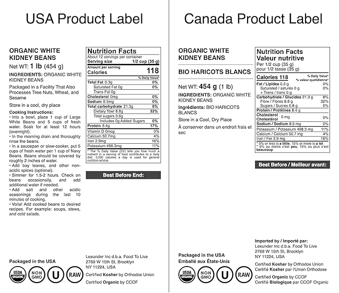 Food to Live Organic White Kidney Beans, 1 Pounds Whole Raw Dried Beans, Vegan, Kosher, Bulk. Rich