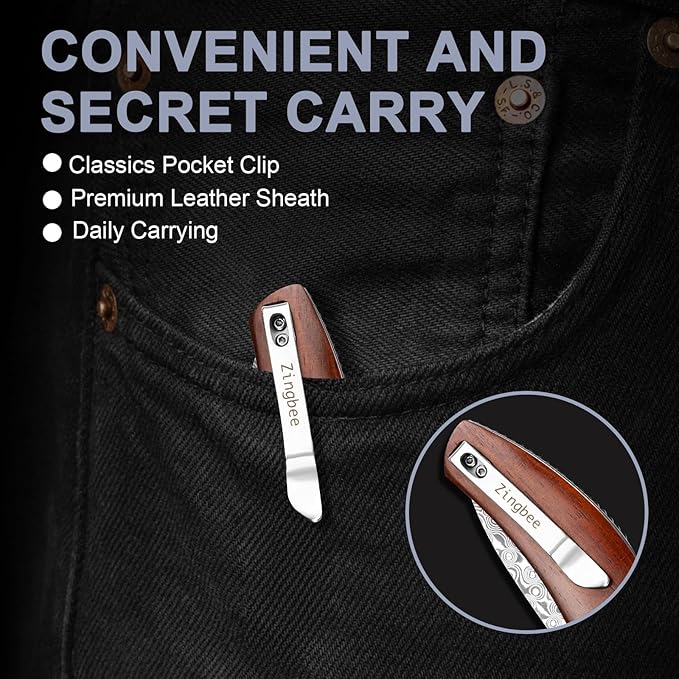 Damascus Pocket Knife with Sheath, 3.35" Damascus Steel Blade Knife with Wooden Handle, EDC Pocket
