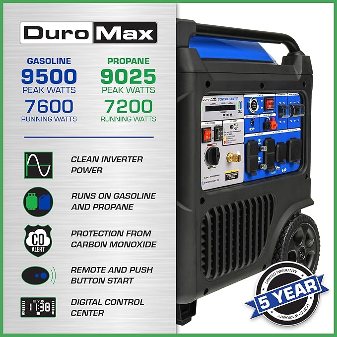 DuroMax XP9500iH 9,500-Watt Dual Fuel Portable Digital Inverter Generator - Gas & Propane, Remote