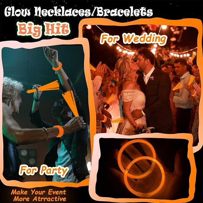 100 pk 8" Orange Glow Sticks Bulk Party Favors, Light up Glow Necklaces & Bracelets in the Dark