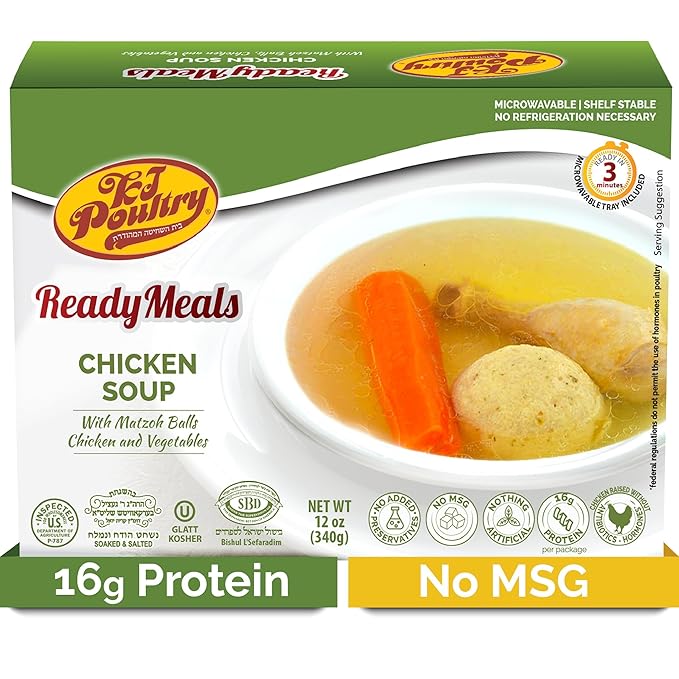 KJ Poultry Kosher Ready Meals - Matza Ball Chicken Soup & Vegetables, CHOMETZ NOT for PASSOVER, MRE
