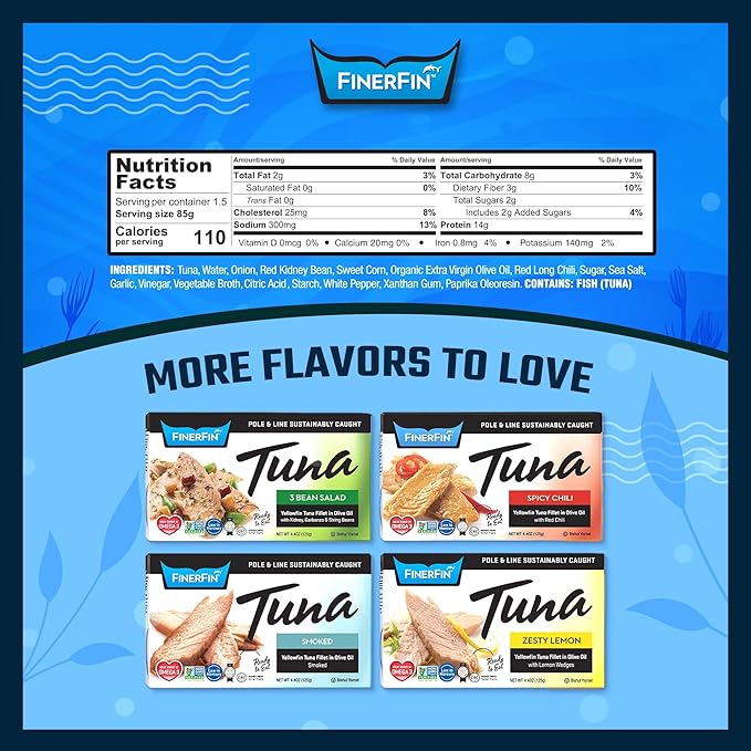 FinerFin Yellowfin Tuna In Organic Olive Oil ??Mexicana Salad Flavor (4.4oz can - 6 Pack); Premium