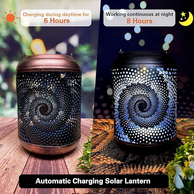 2 Pack Solar Lanterns Outdoor Hanging Metal Waterproof LED with Solar Powered Garden Patio