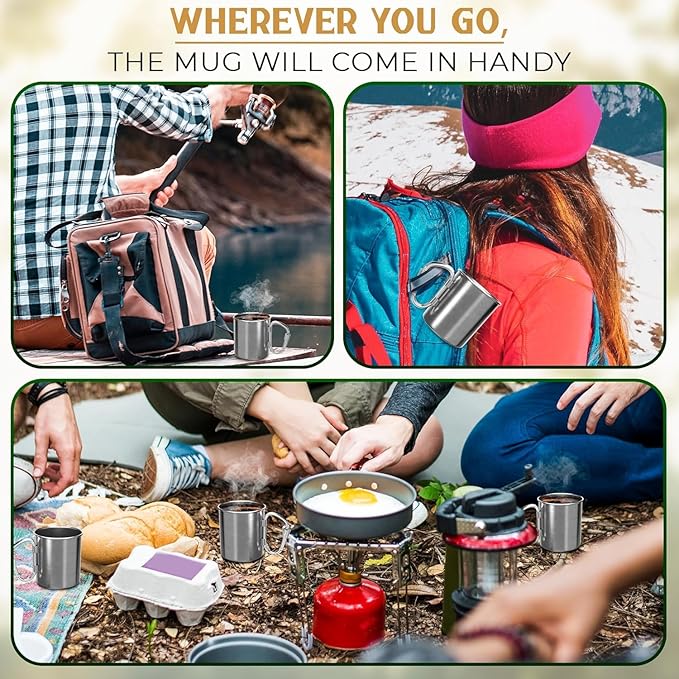 13.5 Oz Stainless Steel Camping Mug with Carabiner - Metal Camping Cup for Traveling, Lightweight