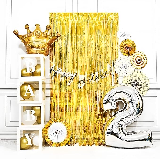 BRAVESHINE Black Gold Foil Fringe Curtain Backdrop - 2 Pack 3.2 x 8.2 ft Metallic Tinsel Photo