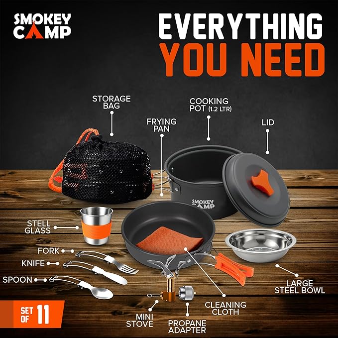 Camping Cookware Mess Kit Set with Stove - Backpacking Camping Pots and Pans Set, All in One