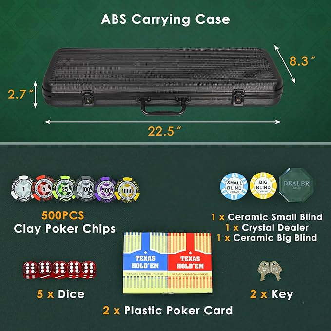 ORIENGEAR Poker Chip Set with Denominations, 500 PCS 14 Gram Clay Composite Casino Chips with ABS