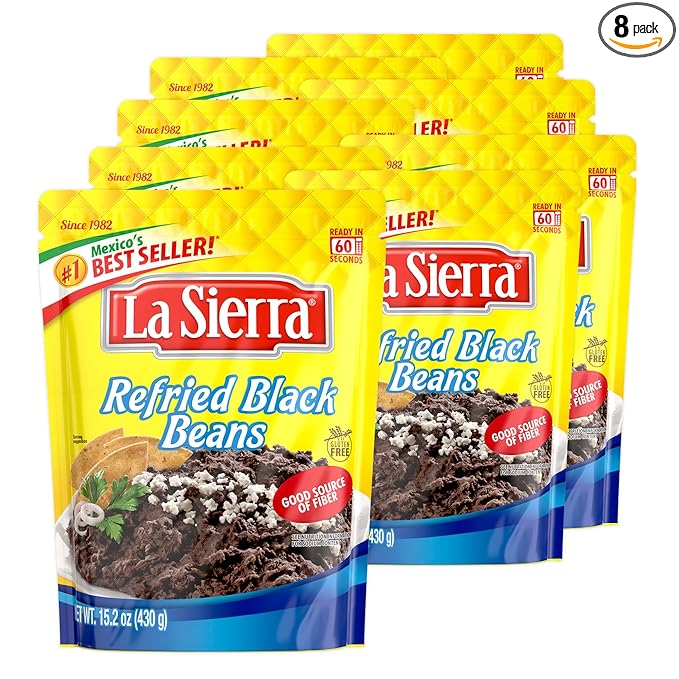 La Sierra Refried Black Beans, Ready-to-Eat Vegetarian Refried Beans, 15.2 oz Pouch (Pack of 8)