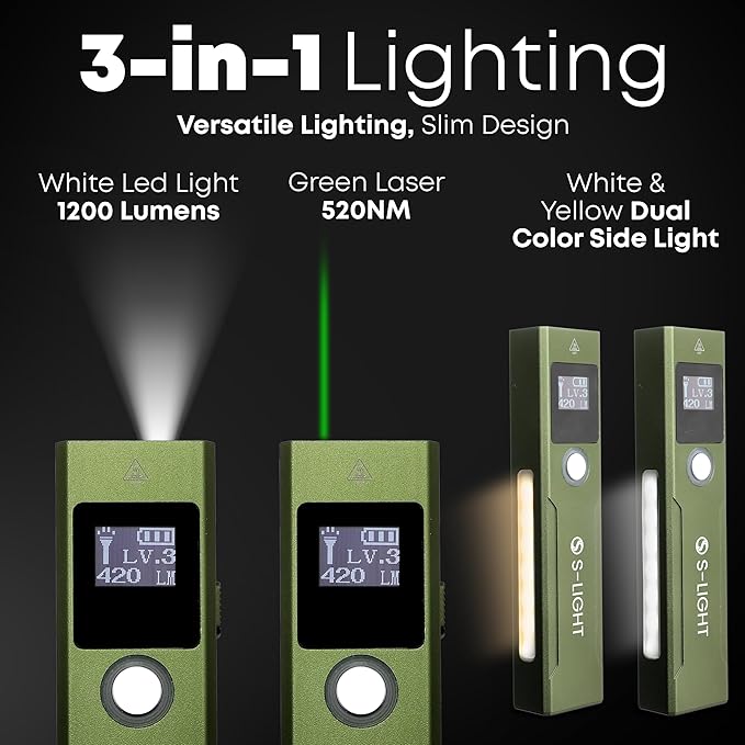 S Light Tactical Flashlights High Lumens Rechargeable - 1200LM Magnetic Base, Green, P9 LED, USB-C