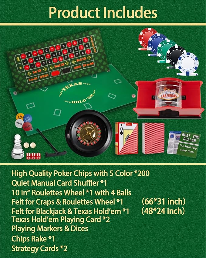 5 in 1 Casino Game Complete Set: 200 Pro Poker Chips+Silent Card Shuffler, Blackjack+Roulette
