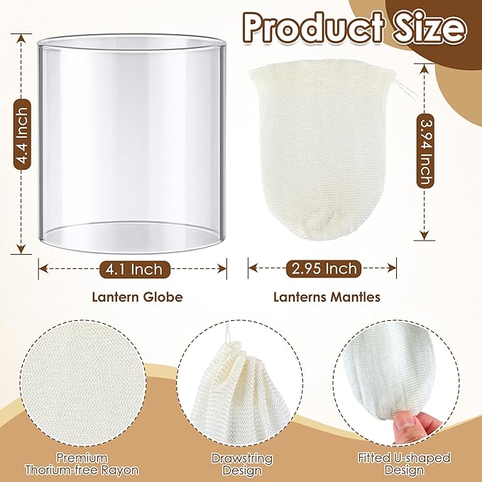 11 Pcs Propane Lantern Mantles with Glass Replacement Globe, Standard Lantern Replacement Parts U