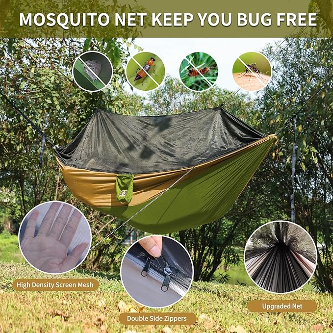 Camping Hammock with Net,Travel Portable Lightweight Hammocks with Tree Straps and Solid D-Shape