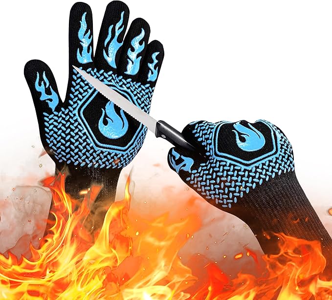 BBQ Fireproof Gloves, Grill Cut-Resistant Gloves 1472°F Heat Resistant Gloves, Non-Slip Silicone