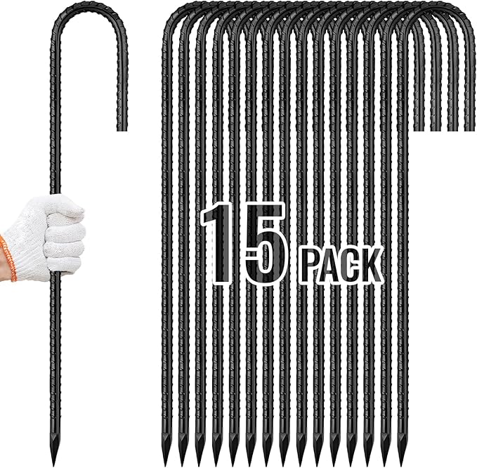 Rebar Stakes 12 Inch, Ground Stakes Heavy Duty J-Hook Black Coated Anti-Rust Heavy Duty Ground