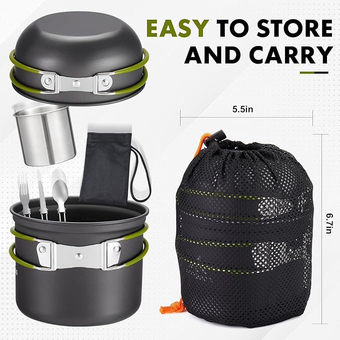 Camping Cookware Kit Backpacking, 0.33Gal Pots and 0.17Gal Pans Set,0.08Gal SUS304 Cup, Forks