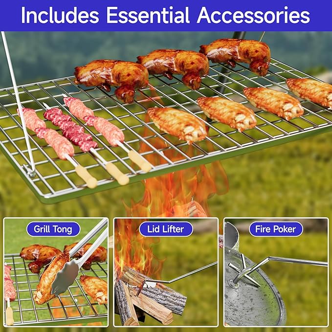 Grill Swing Campfire Cooking Stand, BBQ Grill for Cookware, Bruntmor Dutch Oven Adjustable