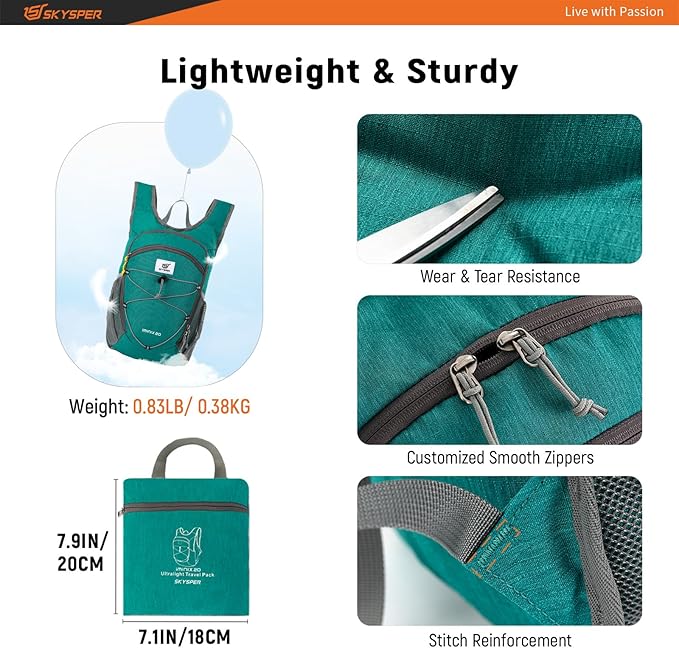 SKYSPER 15L/20L Foldable Hiking Backpack Lightweight Packable Travel Daypack with Chest Strap Small