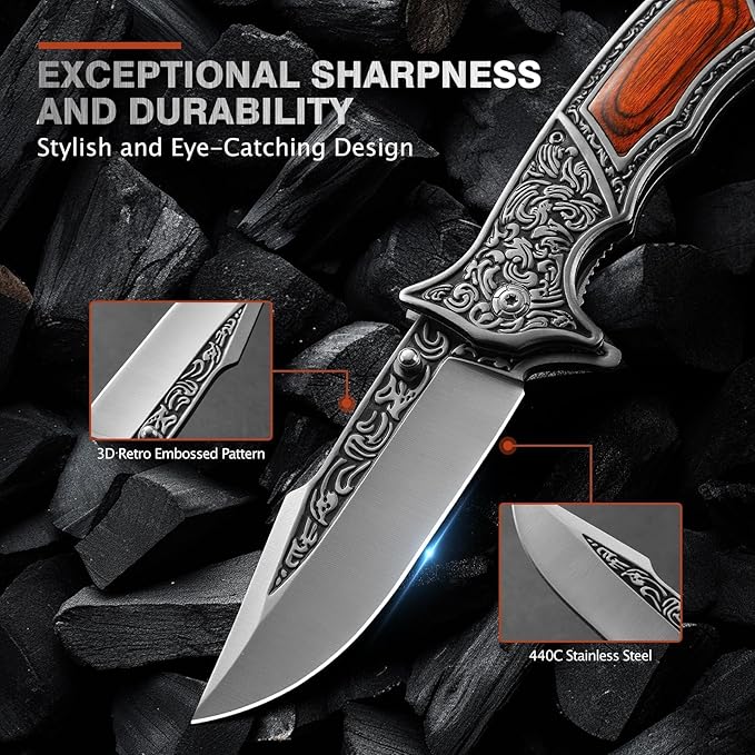 Pocket Knife with Sheath and Clip, 440C Stainless Steel Folding Knife 3D Retro Embossed Pattern