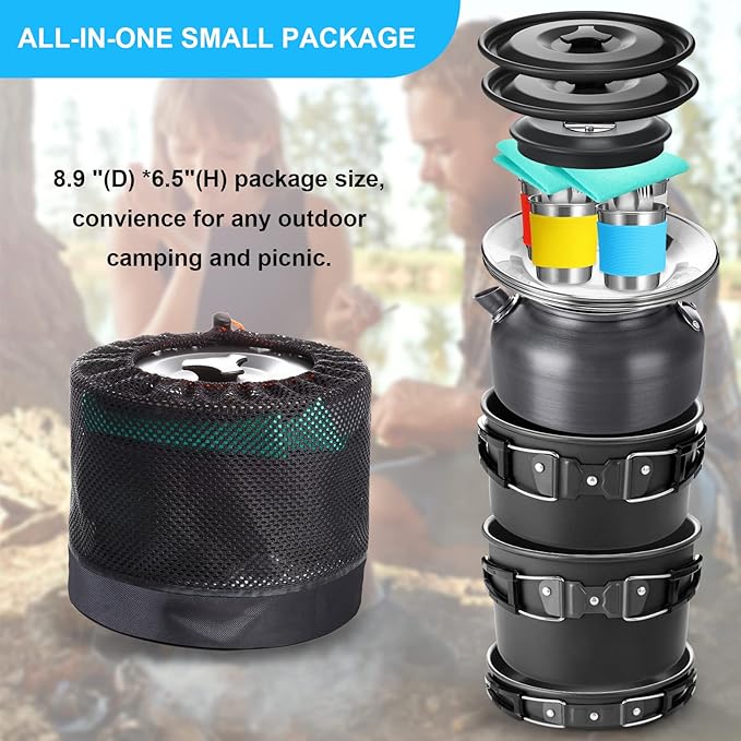 Gejoy 42 Pcs Camping Cookware Mess Kit, Non Stick Lightweight Pots Pan Kettle, Collapsible Water