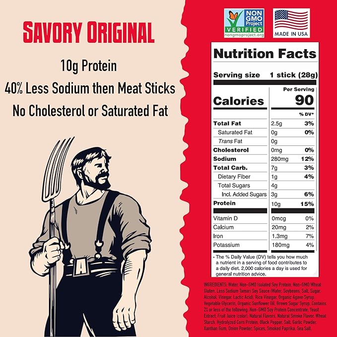 AGRO POWER Vegan Jerky Sticks, Savory Original Plant-Based, 7 Stick Bag with 10g Protein, Non-GMO