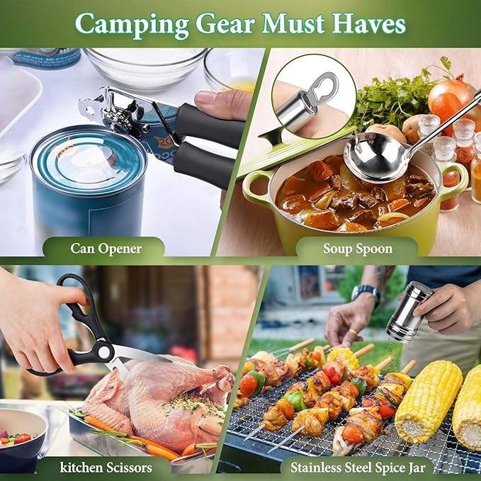 Camping Cooking Utensils Set, Stainless Steel Grill Tools, Camping BBQ Cookware Gear and Equipment