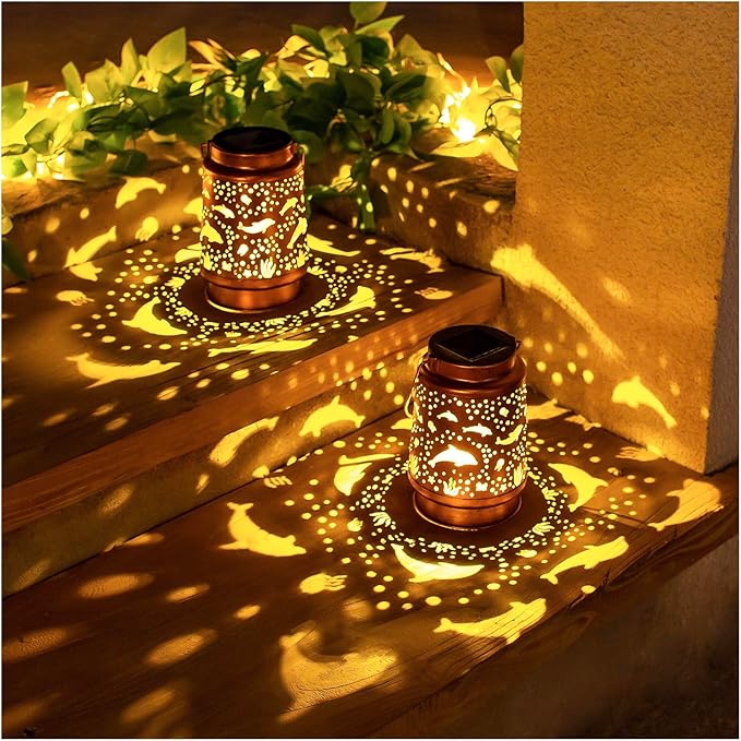 Dolphin Solar Lanterns Outdoor Waterproof Hanging Solar Lights Dolphin Gifts for Women Men Metal